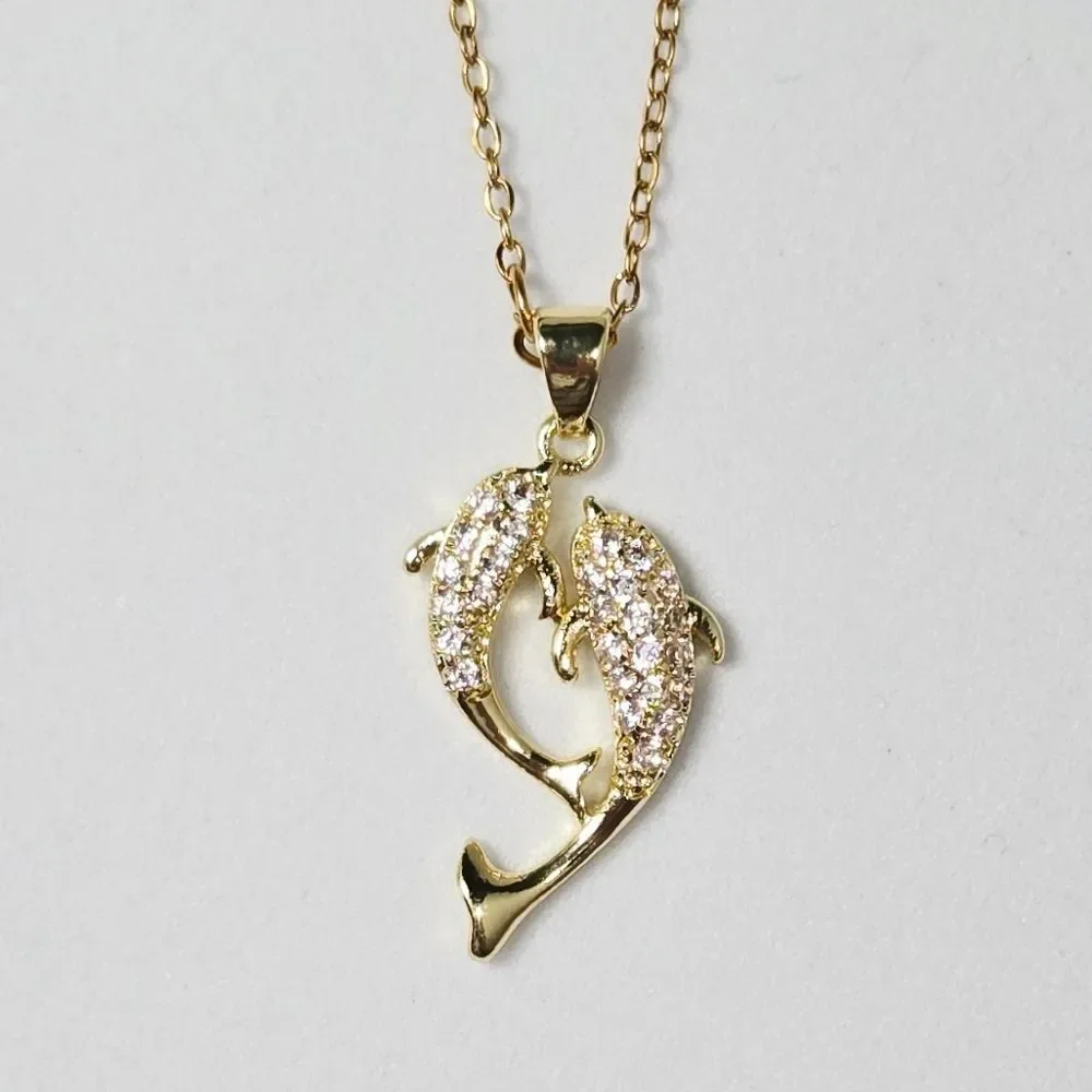 Shiny Pave CZ Dolphin Pendant Necklace 18K Gold Plated Stainless Steel Giftable